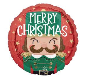 Round Merry Christmas foil balloon with a nutcracker face