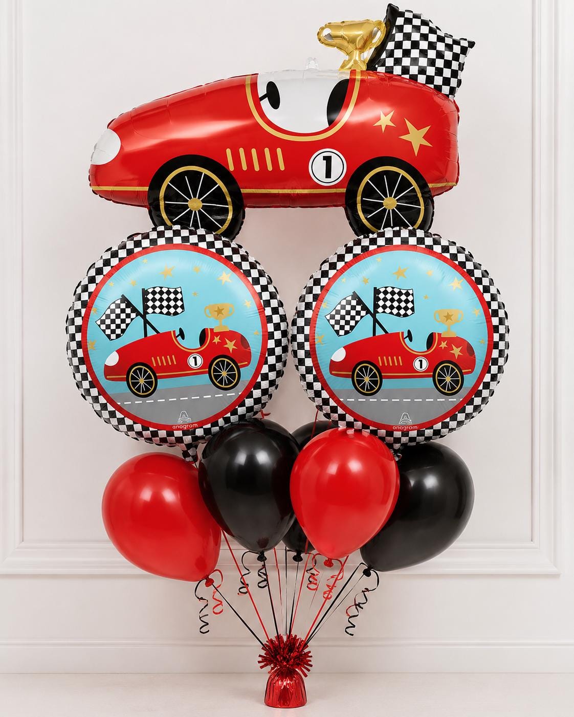 Red race car balloon bouquet with checkered racing balloons and red and black latex balloons