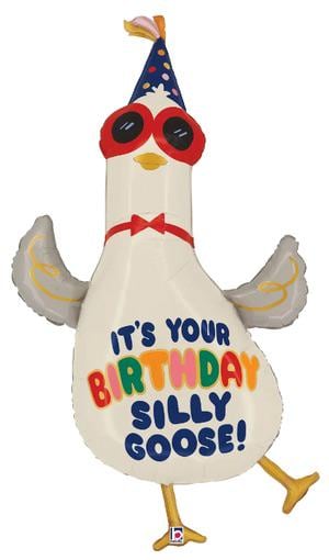 Silly Goose foil balloon wearing sunglasses and a party hat