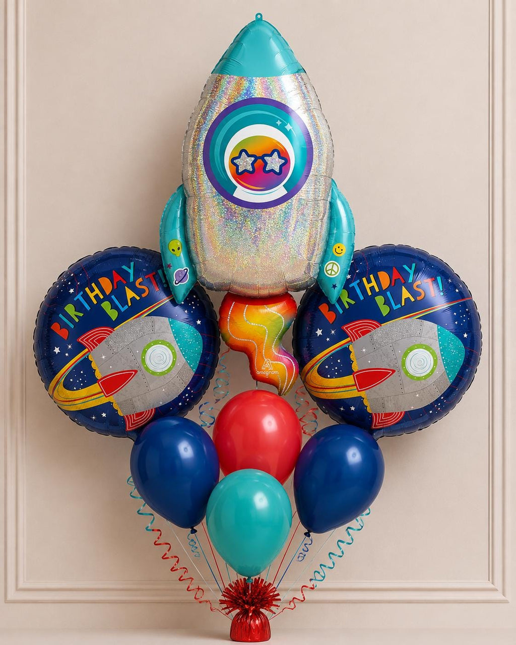 Holographic rocket birthday balloon bouquet with Birthday Blast balloons