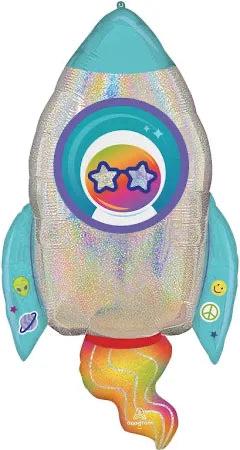 Holographic rocket shaped foil balloon with turquoise fins
