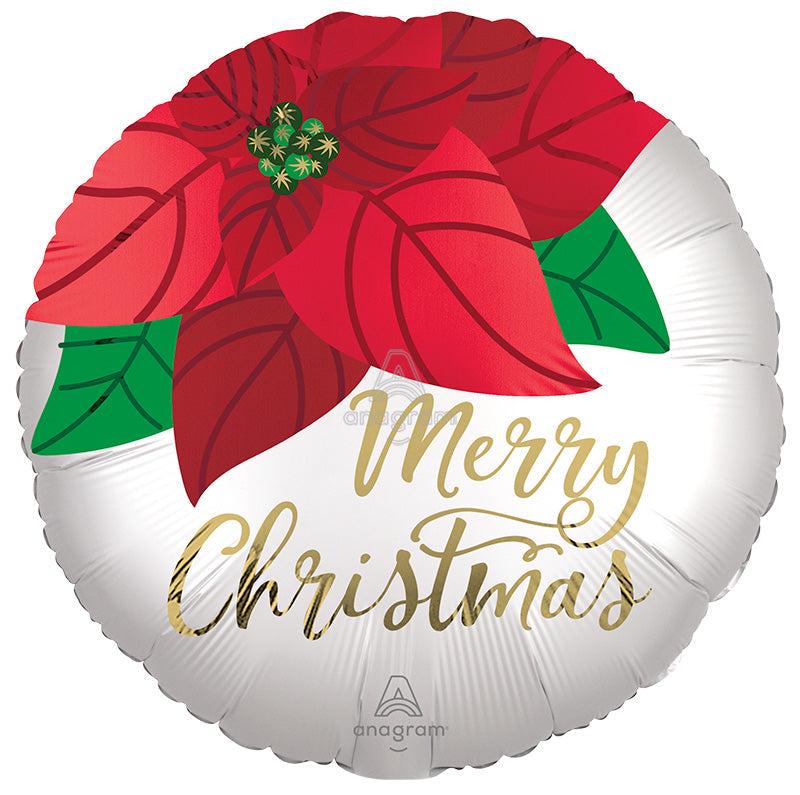 Round Merry Christmas foil balloon with red poinsettias