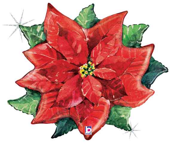 Red poinsettia shaped foil balloon with green leaves