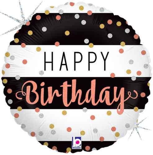 Black and white round Happy Birthday foil balloon with gold and coral details