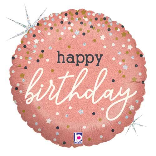 Coral round Happy Birthday foil balloon with confetti dots