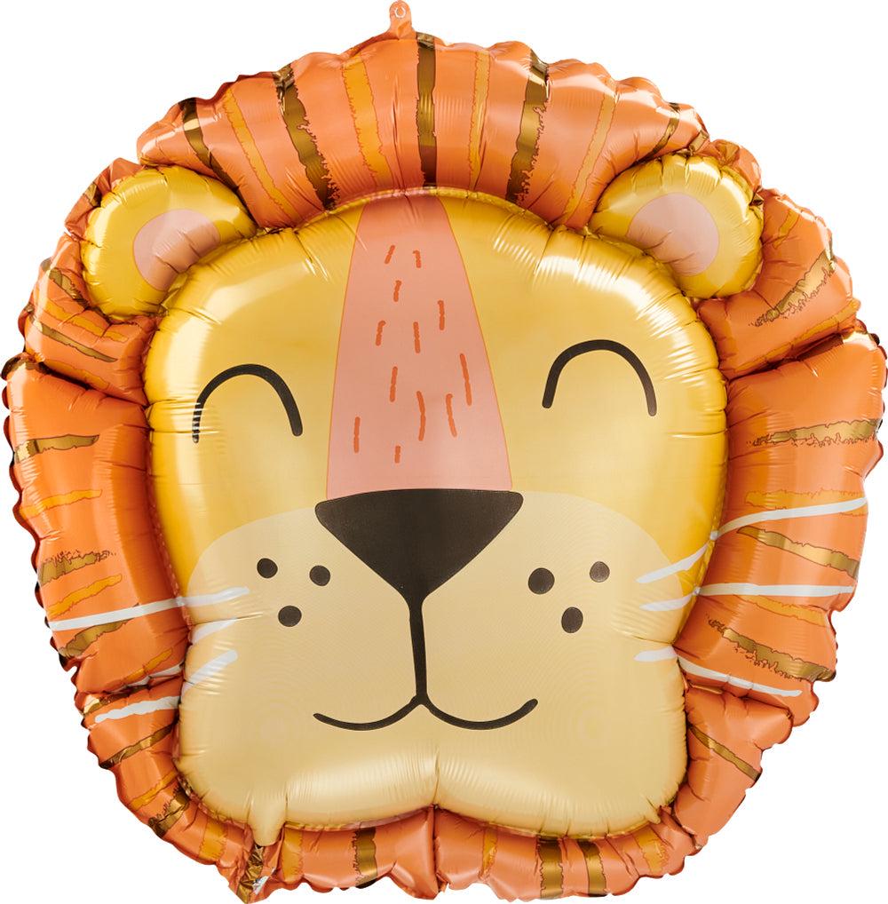 Smiling lion face shaped foil balloon with an orange mane