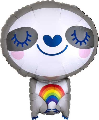 Smiling sloth foil balloon with a rainbow on its chest