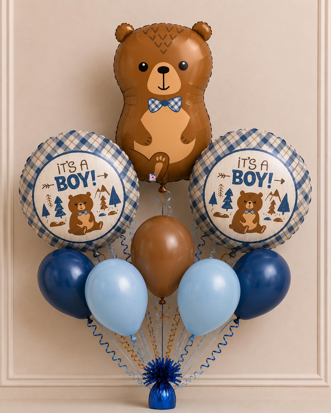 Woodland bear baby boy balloon bouquet with blue and brown latex balloons