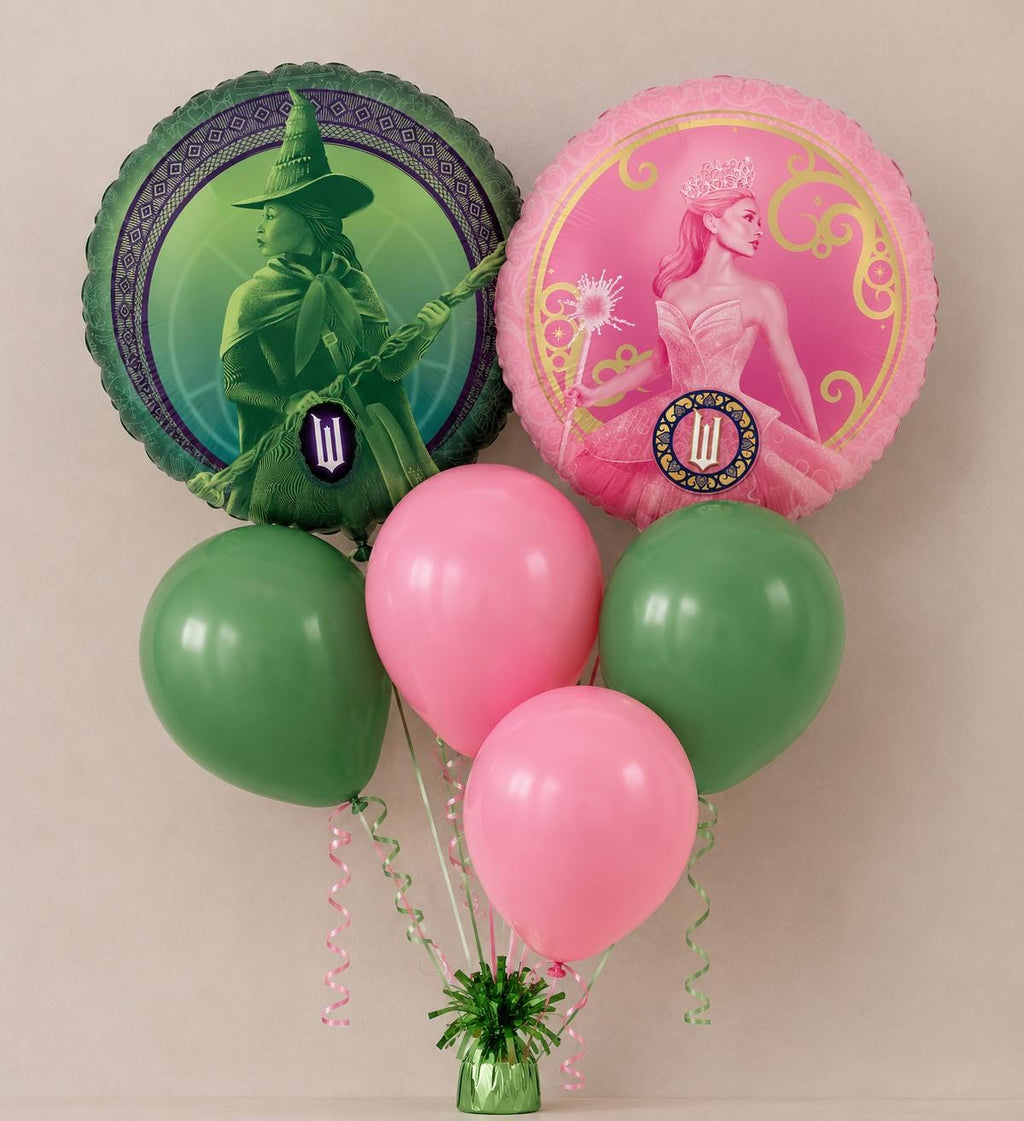 Wicked Glinda and Elphaba balloon bouquet with pink and green latex balloons