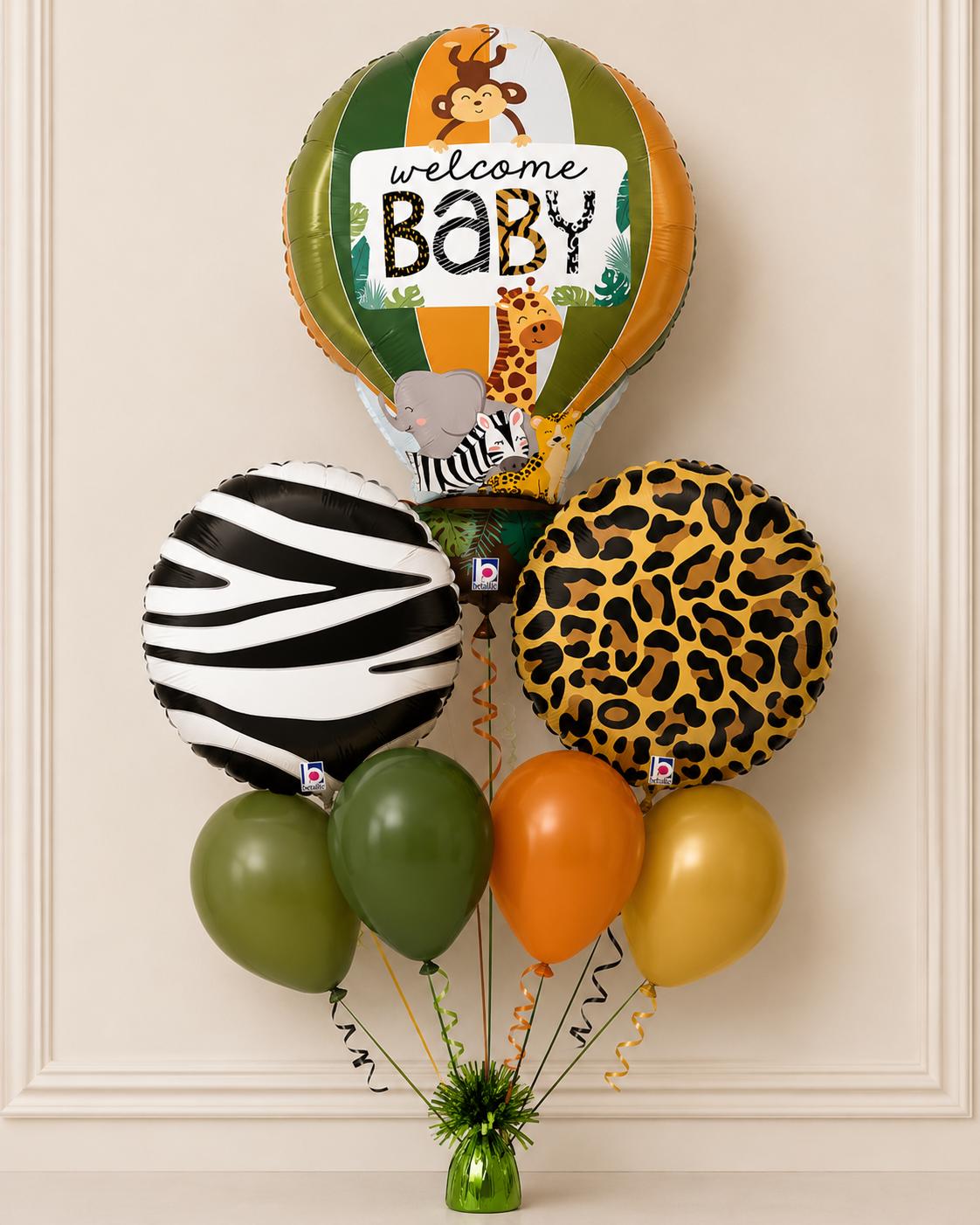 Welcome Baby safari bouquet with zebra and tiger print balloons