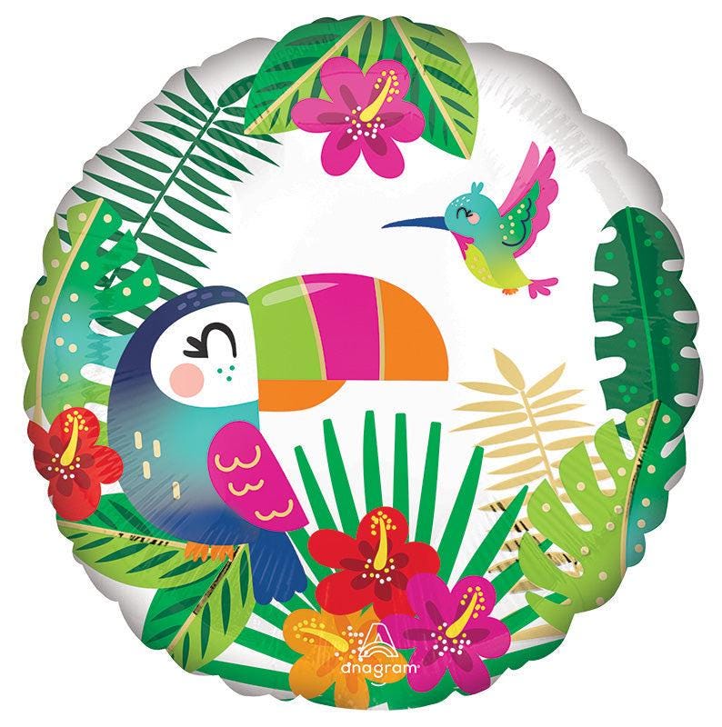 Round tropical foil balloon with toucans, leaves and hibiscus flowers