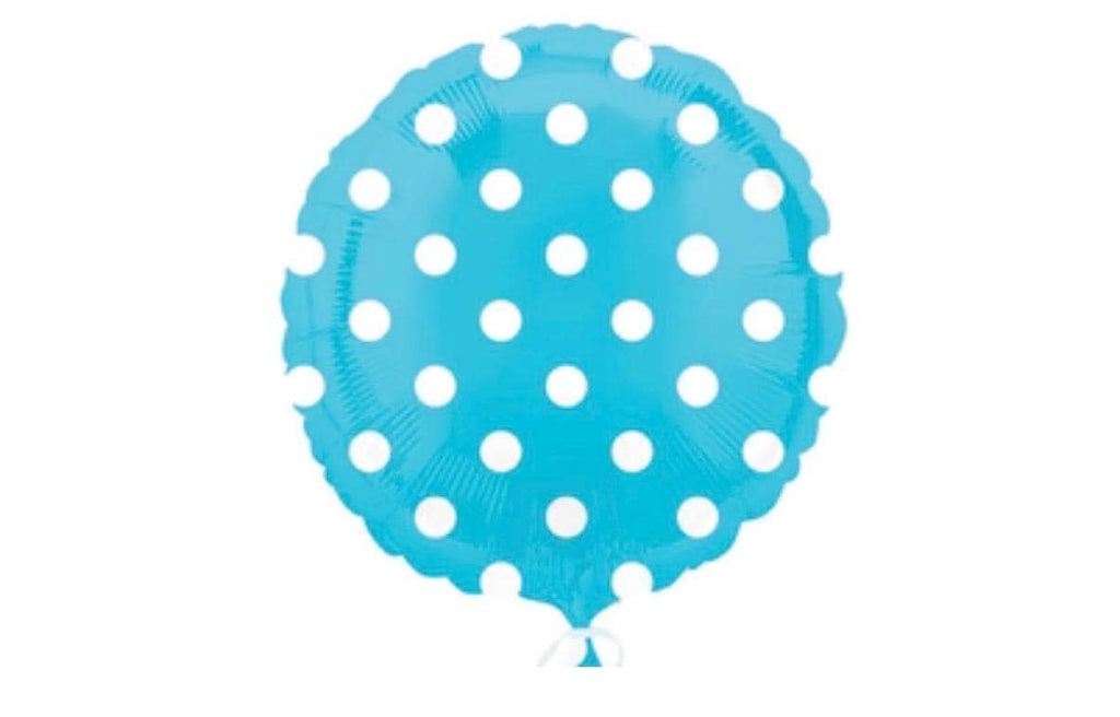 Blue round foil balloon with white polka dots