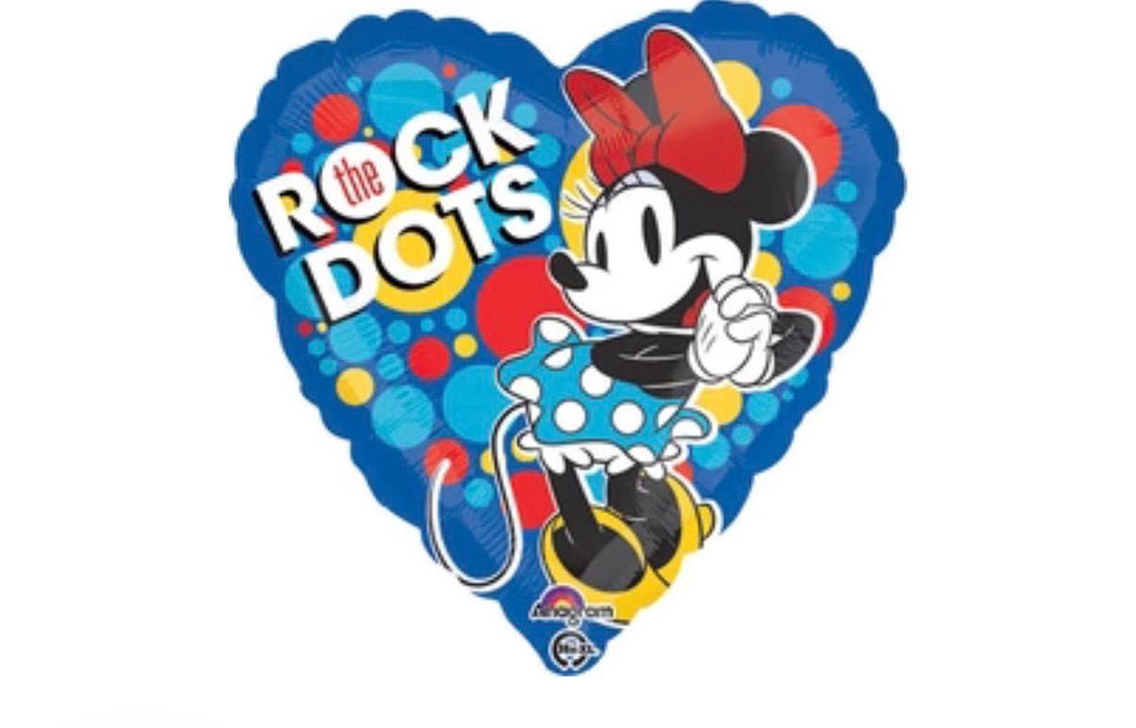 Heart-shaped mouse girl foil balloon with Rock the Dots lettering