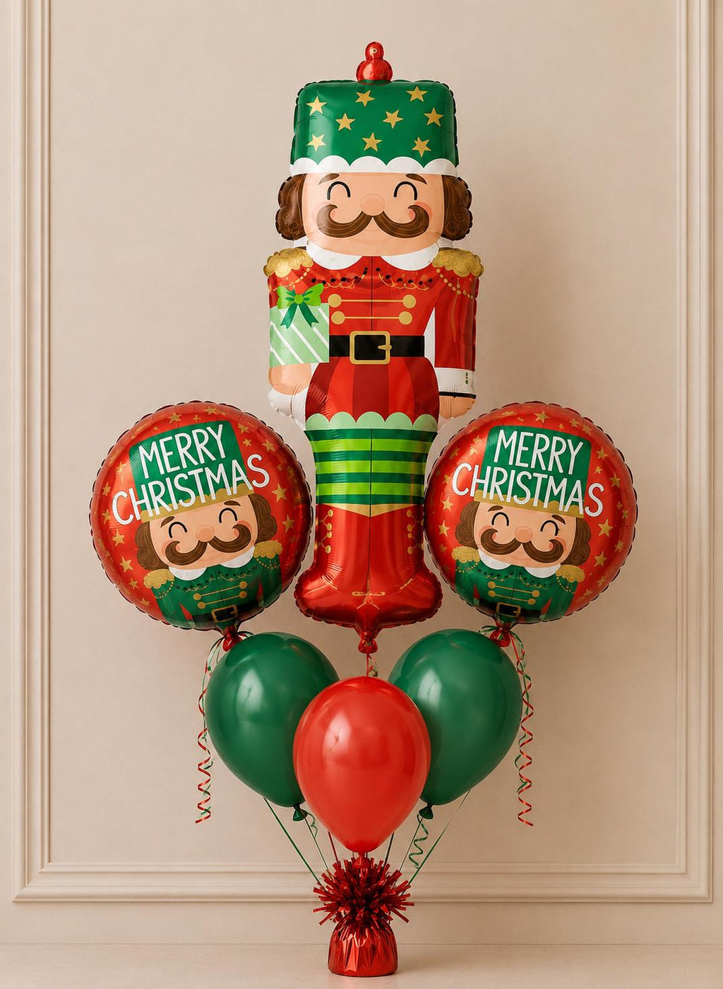 Nutcracker Christmas balloon bouquet with red and green latex balloons