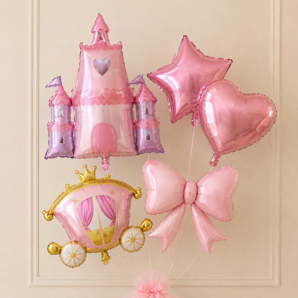 Princess Balloon Bouquet Set of 5, Pink Castle Carriage Bow Balloons, Princess Birthday Party Decor, Fairytale Balloon Set