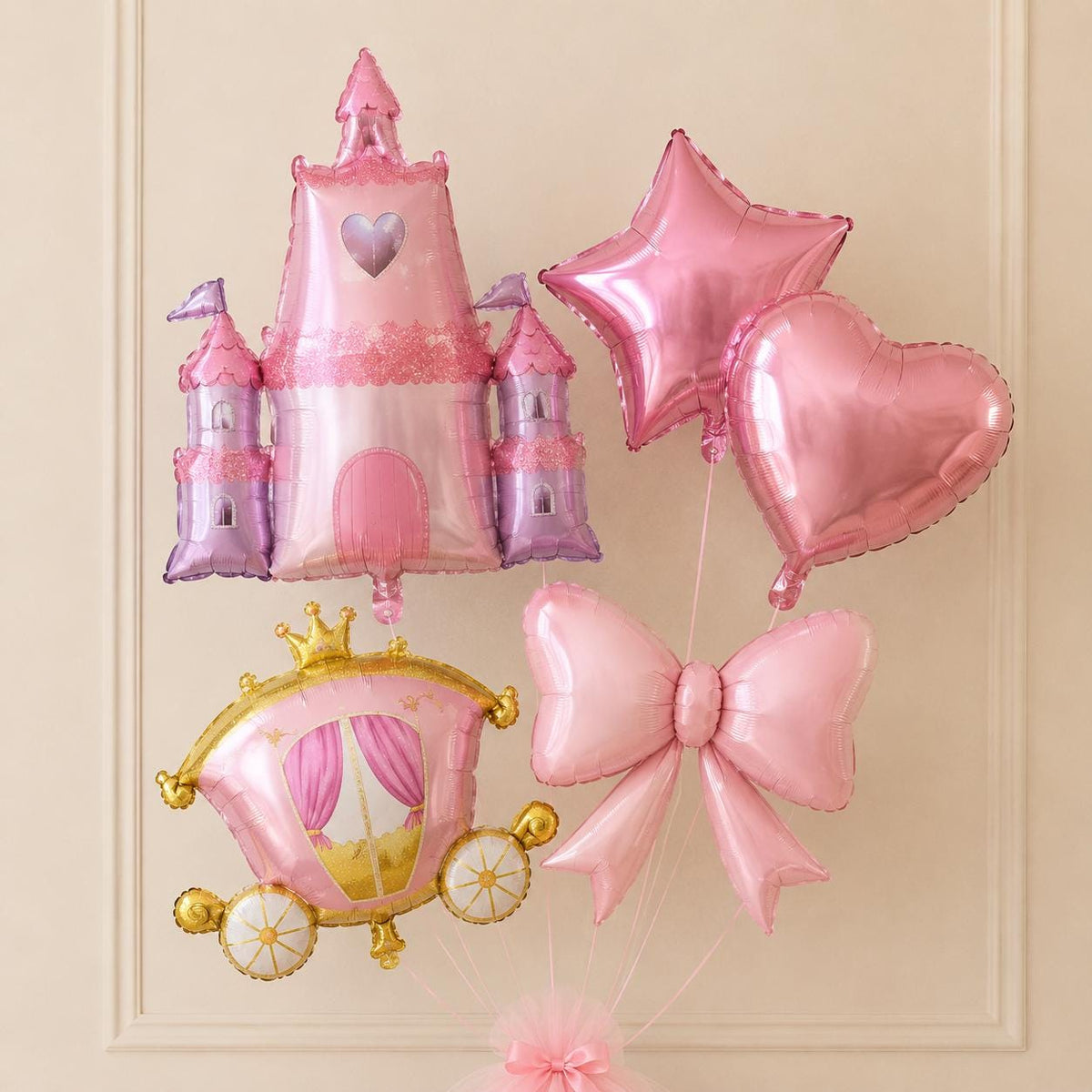 Princess Balloon Bouquet Set of 5, Pink Castle Carriage Bow Balloons, Princess Birthday Party Decor, Fairytale Balloon Set