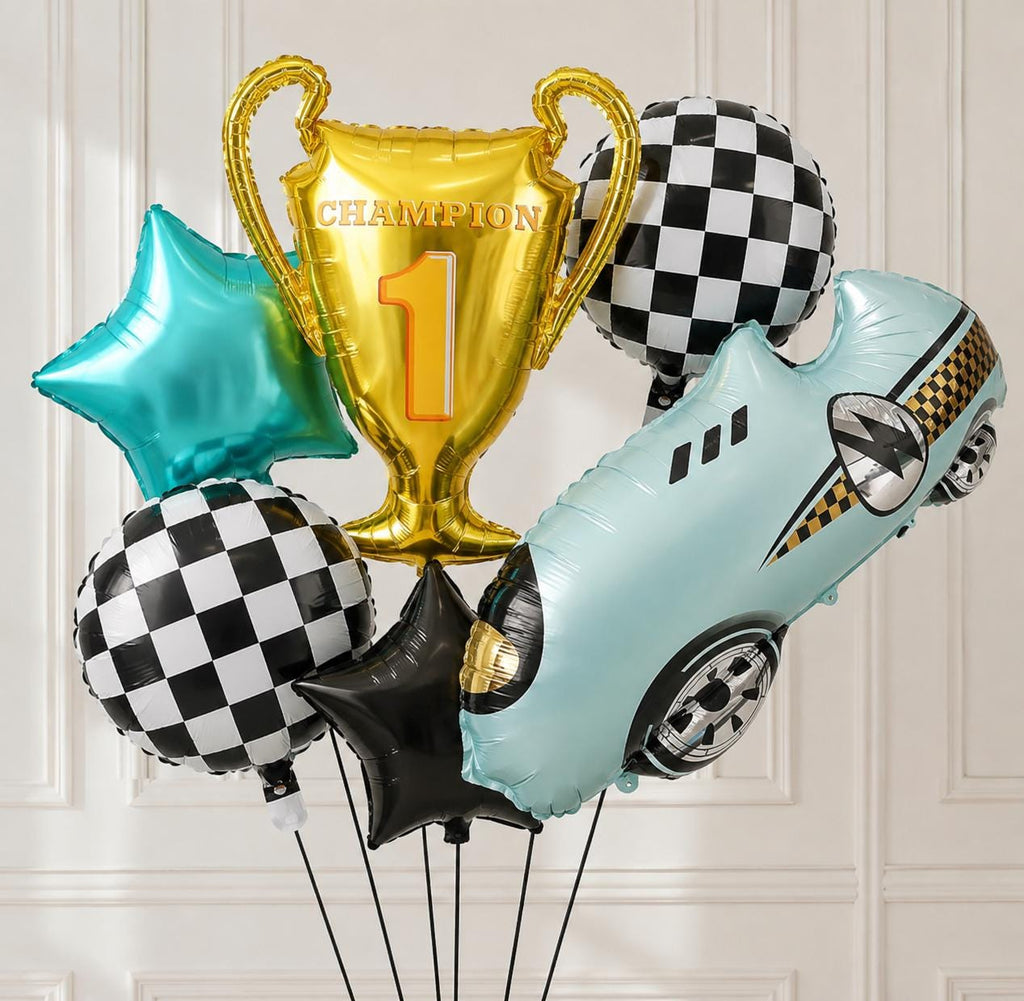 Race Car Balloon Set of 6, Racing Birthday Balloons, Checkered Flag Party Decor, Champion Trophy Balloon, Race Car Birthday Party