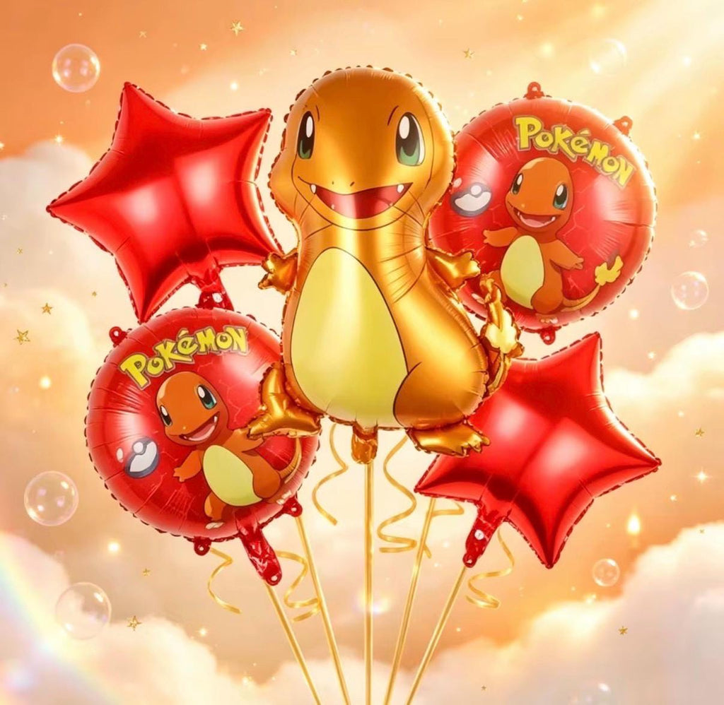 Fire Lizard Balloon Bouquet, Red Orange Birthday Balloons, Video Game Inspired Party Decor, 5 Piece Foil Balloon Set