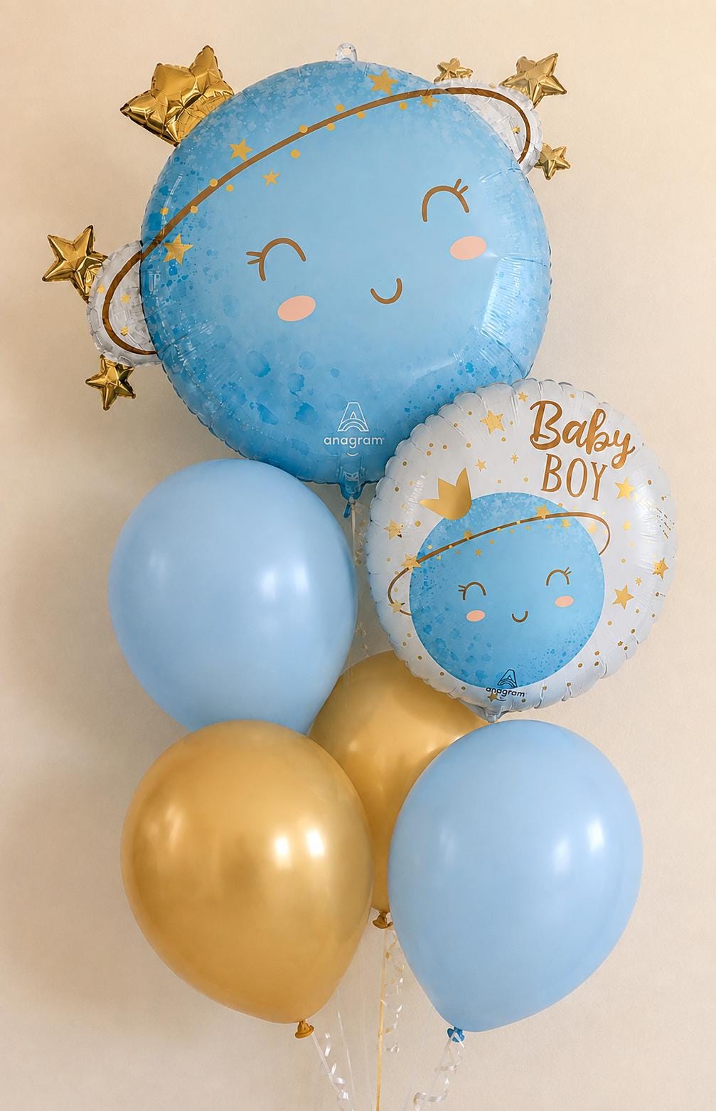 Baby Boy Balloon Bouquet | Blue & Gold Space Baby Balloons | Welcome Baby Party Decor | Baby Shower Balloon Bundle
