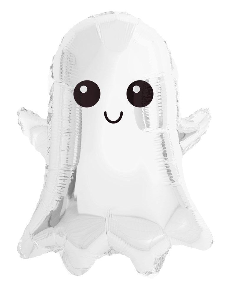 White ghost foil balloon with a smiling face and raised arms