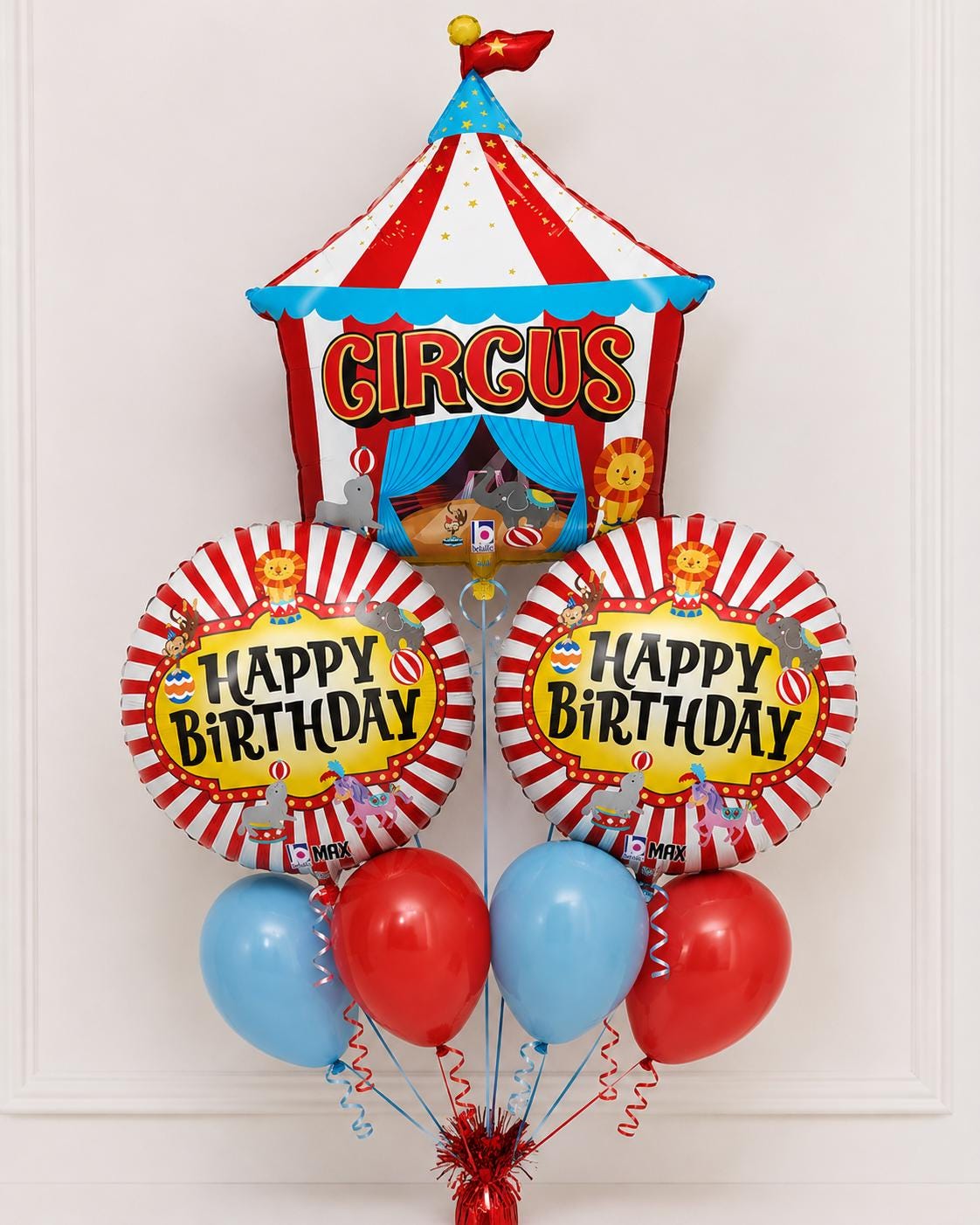 Circus Birthday Balloon Bouquet, Carnival Party Balloons, Circus Tent Balloon Bundle, Happy Birthday Balloons, Carnival Birthday Decor