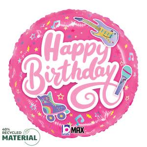 Pink round Happy Birthday foil balloon with colorful roller skates