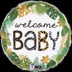 Round Welcome Baby foil balloon with tropical leaves and safari animals