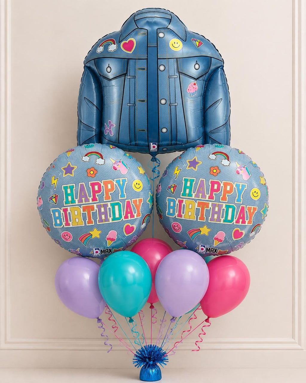 Denim jacket bouquet with coordinating patch-design birthday balloons
