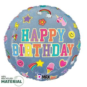 Blue Happy Birthday foil balloon with colorful patch designs