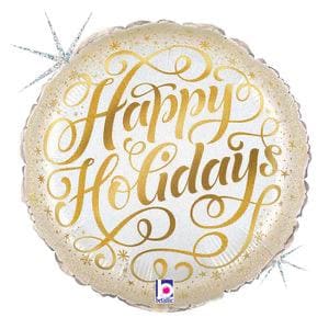 Round Happy Holidays foil balloon with gold decorative lettering