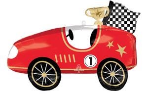 Red race car foil balloon with a trophy and checkered flag