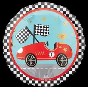 Round racing foil balloon with a red car and checkered border