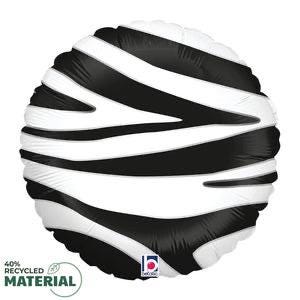 Reverse of round foil balloon showing black and white zebra stripes