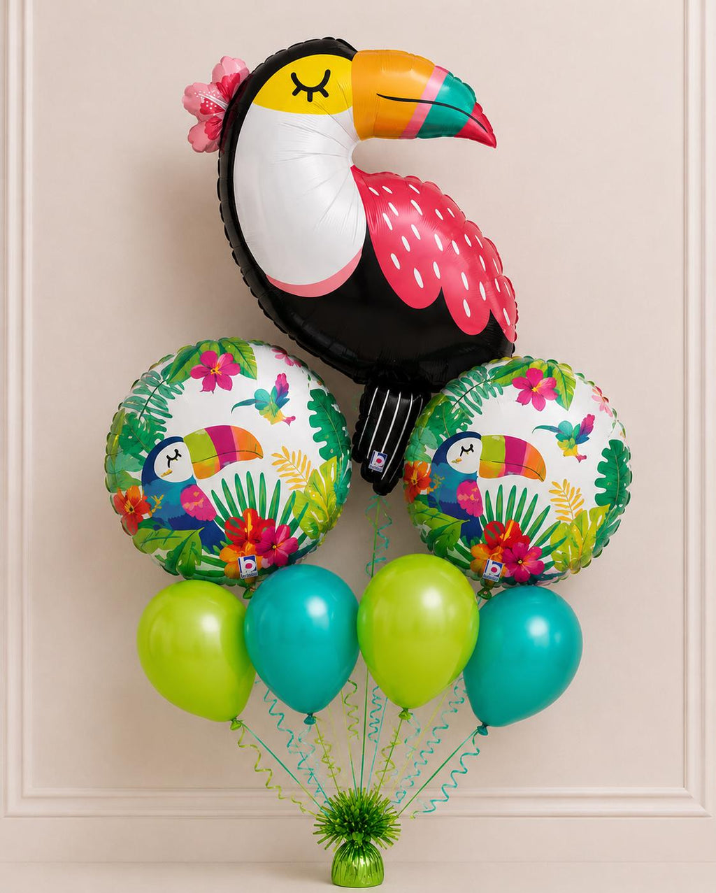 Tropical toucan balloon bouquet with lime green and turquoise latex balloons