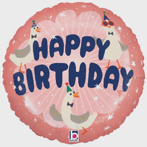 Pink round Happy Birthday foil balloon with geese and confetti
