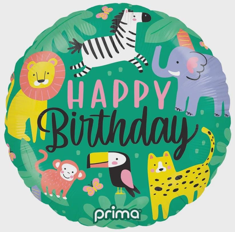 Green round Happy Birthday foil balloon with safari animals