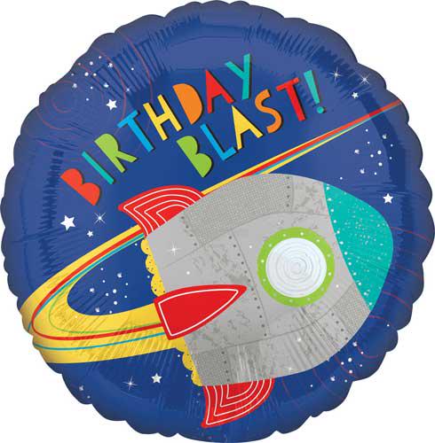 Dark blue round Birthday Blast foil balloon with planets and stars