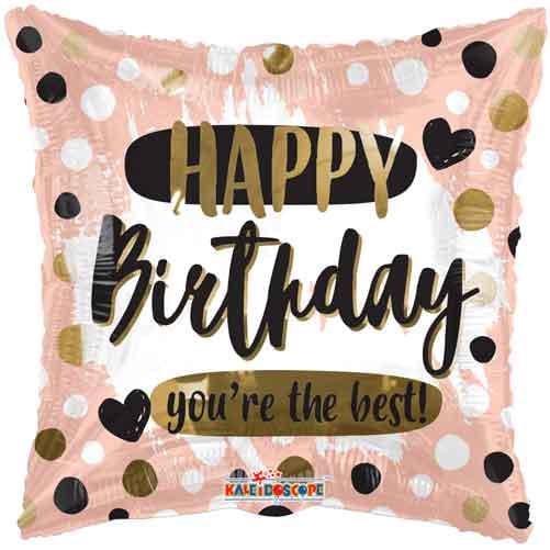 Coral square Happy Birthday foil balloon with black and gold dots