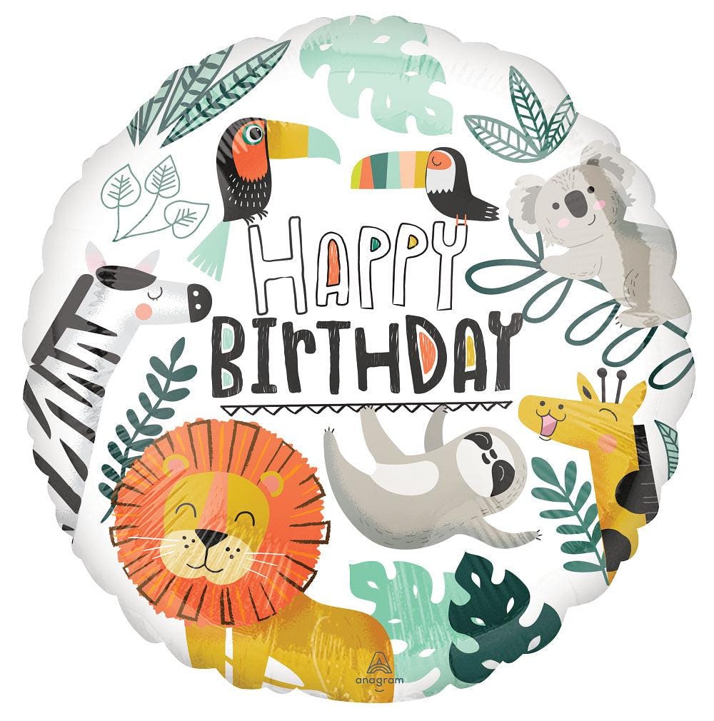 Round Happy Birthday foil balloon with safari animals on a white background
