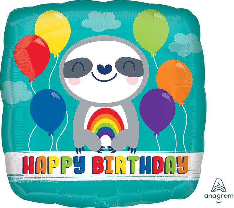 Turquoise Happy Birthday sloth foil balloon with colorful balloons