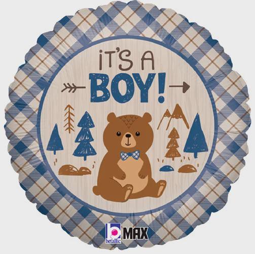 Round It's a Boy foil balloon with a bear and blue plaid border