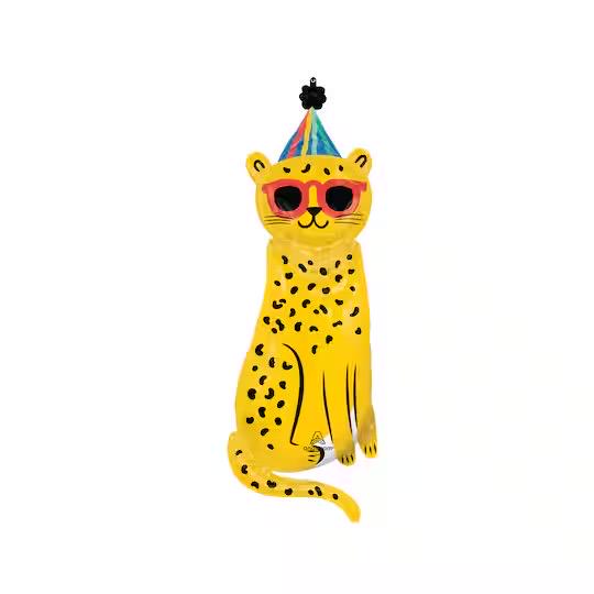 Cheetah foil balloon wearing sunglasses and a party hat