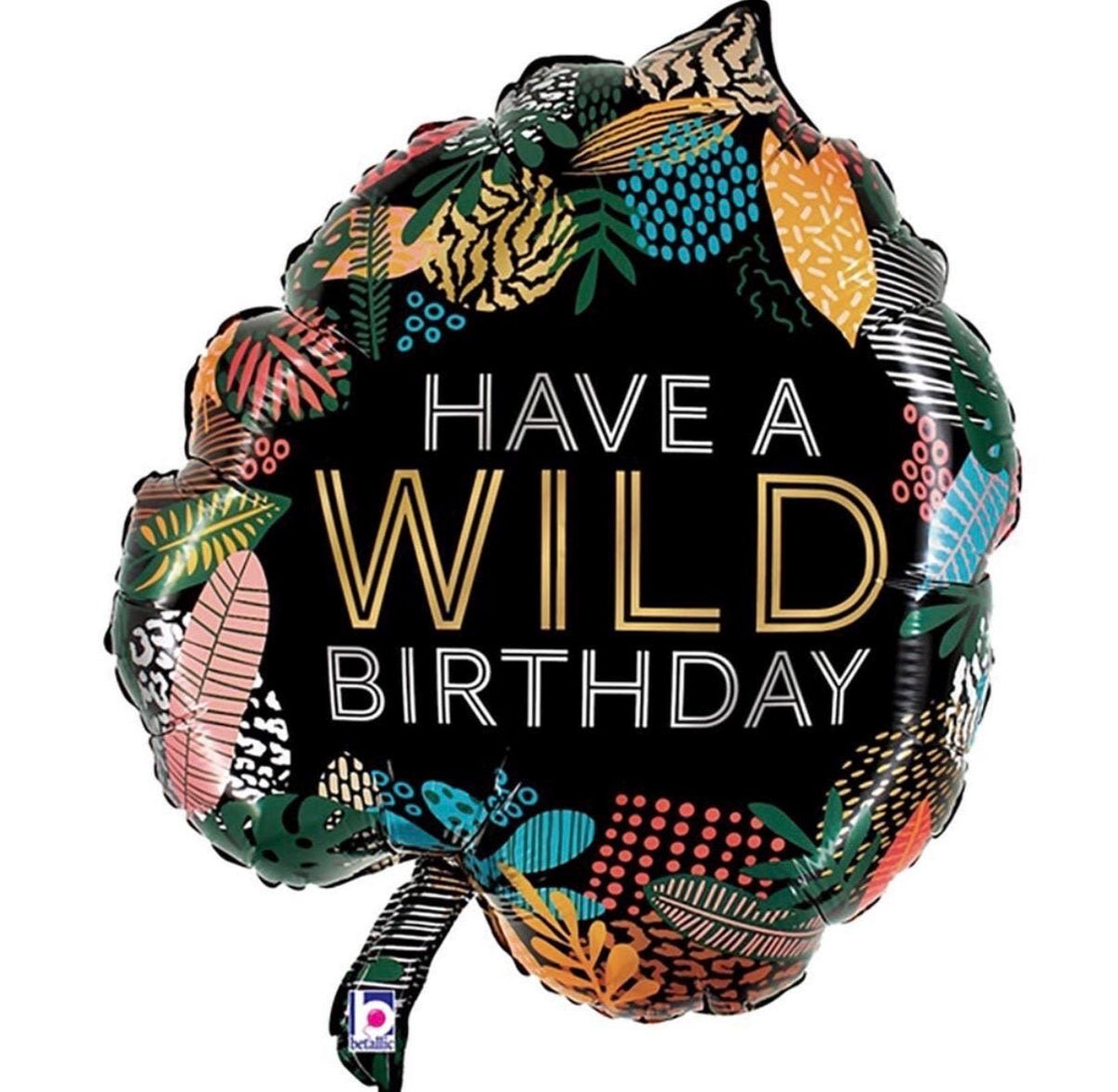 Black Have a Wild Birthday foil balloon with colorful animal prints