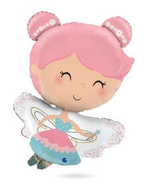 Pink-haired fairy foil balloon with pastel dress and silver wings
