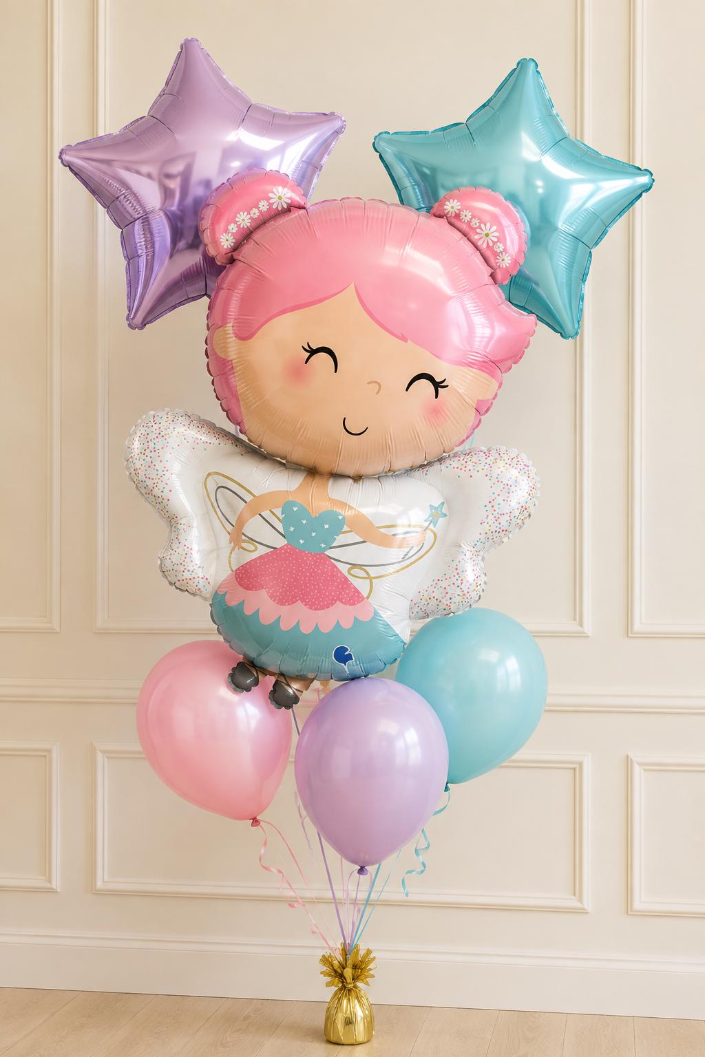 Pink fairy balloon bouquet with purple and turquoise star balloons