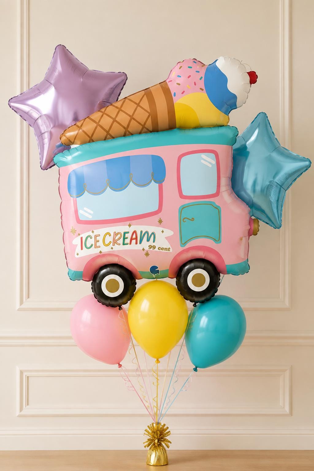 Pink ice cream truck balloon bouquet with star and latex balloons