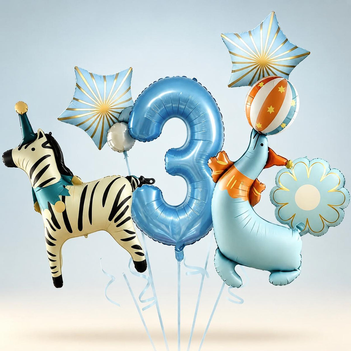 Vintage Circus Animal Balloon Bundle, Zebra and Seal Foil Balloons, Personalized Number Birthday Balloons, Blue Carnival Party Decor
