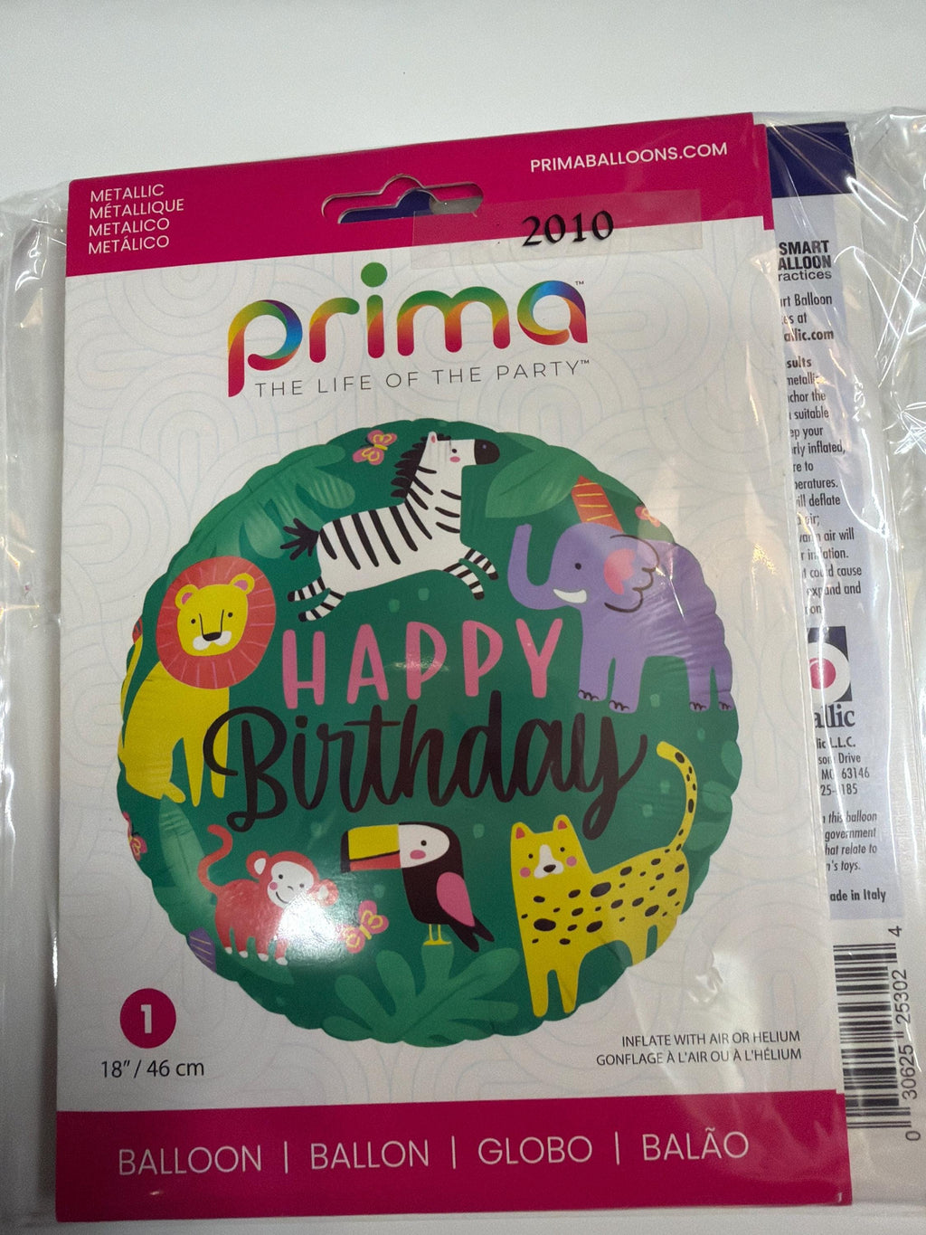 Round green safari Happy Birthday foil balloon in retail packaging