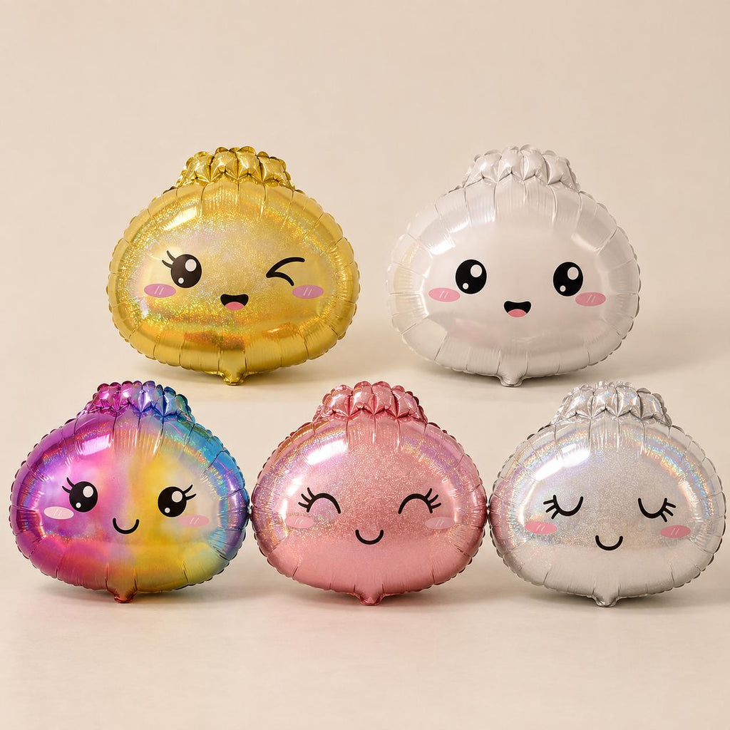 Five inflated dumpling foil balloons showing their colors and facial expressions