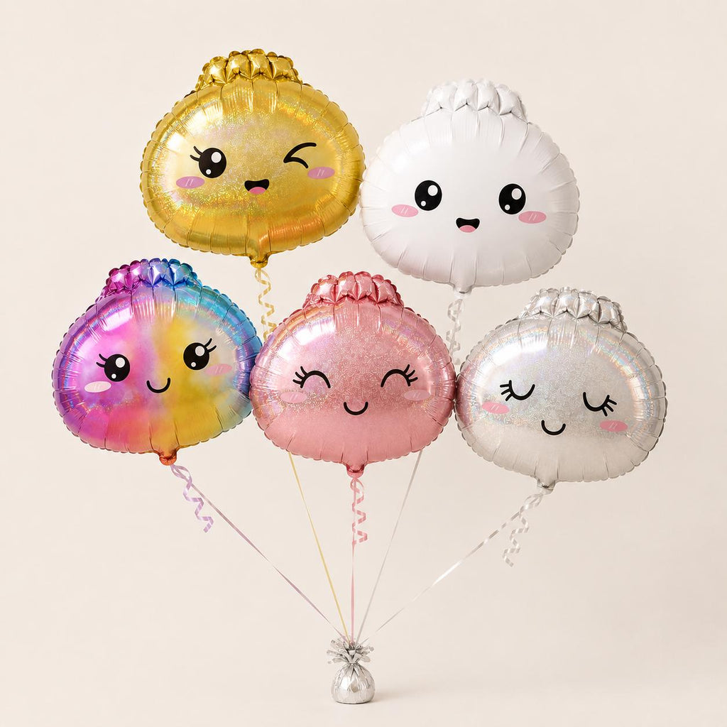Five smiling dumpling foil balloons in gold, white, rainbow, pink and silver arranged as a bouquet